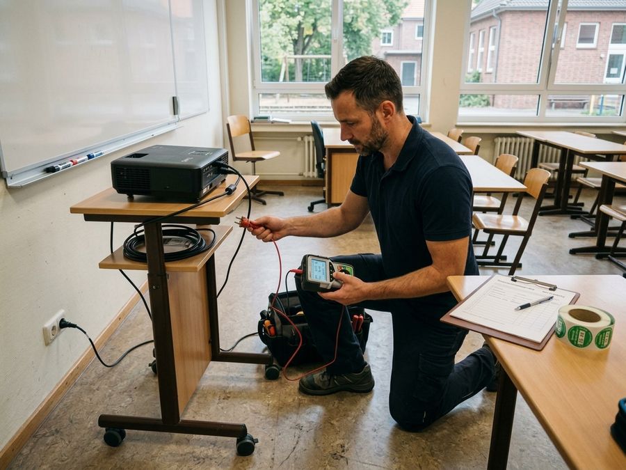 Prüftechniker prüft in einem Klassenzimmer das Netzkabel eines Beamers mit dem Gerätetester