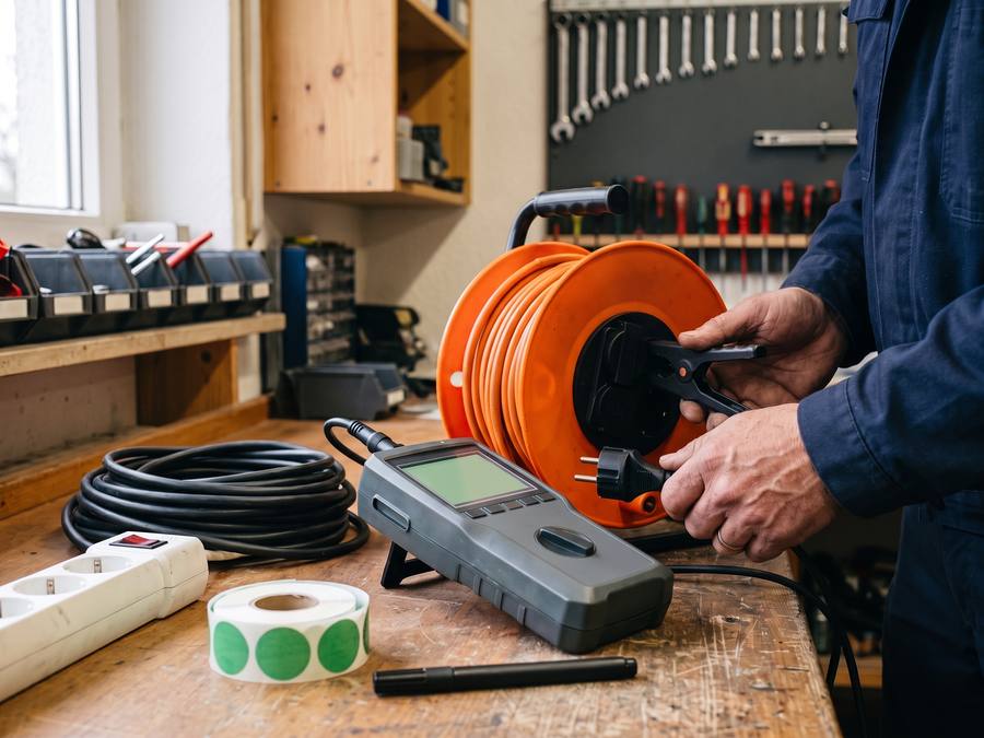 Prüftechniker misst eine orange Kabeltrommel mit dem Gerätetester in einer Werkstatt