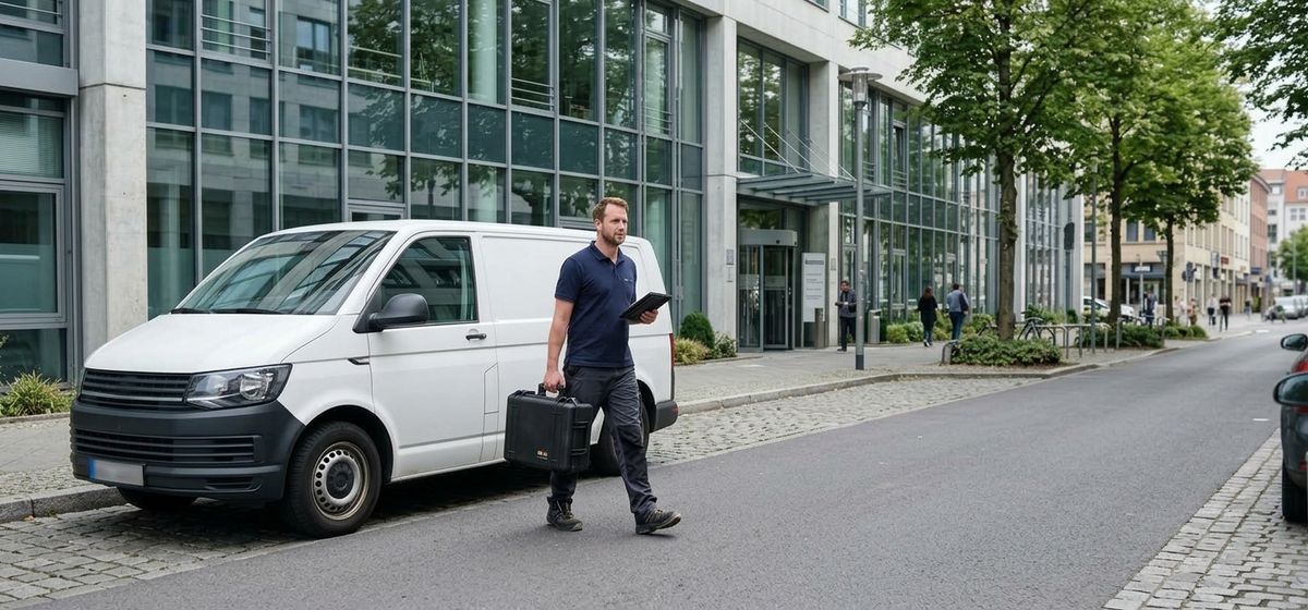 Prüftechniker mit Messkoffer auf dem Weg vom Servicewagen zu einem Bürogebäude