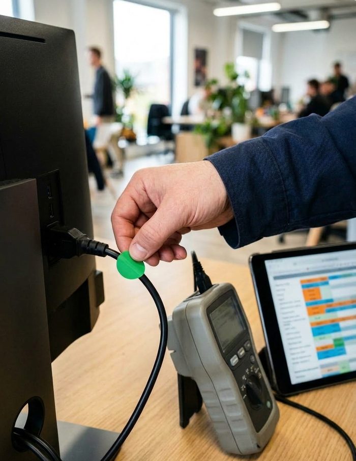 Symbolbild: Hand klebt eine grüne Prüfplakette an das Netzkabel eines Monitors