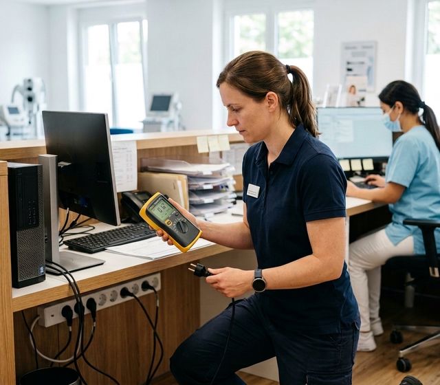 Prüftechnikerin prüft am Empfang einer Arztpraxis den Netzstecker eines Rechners